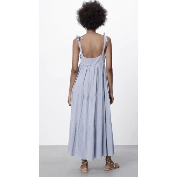 Zara Blue Tie-Strap Tiered Maxi Dress With Smocked Back - Picture 5 of 10